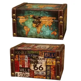 BINS LÄDER EUROPELT STIL LETTERS Världskarta Multipurpose Retro Treasure Chest Keepsake Case Storage Box Sundries Organizer