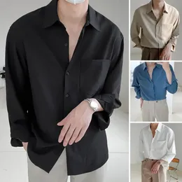 Casual Men Lapel Long Sleeve Singlebreasted Patch Pocket Draped Shirt Slim Fit Solid Color Business Dress Top 240418