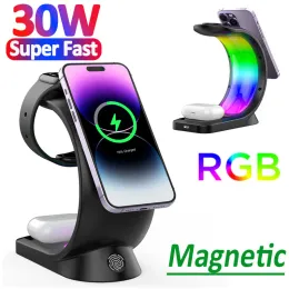 Laddare 30W 4 I 1 RGB Magnetic Wireless Charger Stand för iPhone 14 13 12 Pro Max Apple Watch AirPods Pro IWatch Fast Charging Station