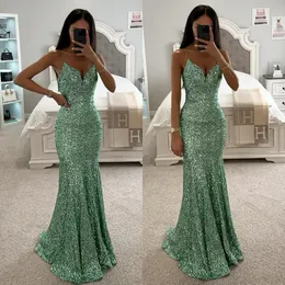 Mint Green Mermaid Prom Dress Pailletten Spaghetti formelle Abendkleider elegante rückenlose Partykleider für besondere Anlässe Langer Robe de Soiree