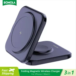Chargers Bonola Magnetic Wireless Caricatore 2 in 1 supporto pieghevole per iWatch Ultra/8/7/6 15W Carica wireless veloce per iPhone 14 Pro/13/12