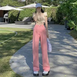 Jeans femminile retrò rosa rosa alto a vita larga 2024 copertura estate sciolta dimagranti pantaloni a lunghezza del pavimento dritta