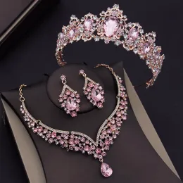 Necklaces Luxury Pink Crystal Bridal Jewelry Sets for Women Tiaras Necklace Sets Girls Wedding Crown Combs Bride Jewelry