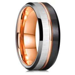 Fashi di moda da 8 mm uomini neri anelli in acciaio inossidabile spazzolato inossidabile rosa groove bordo smussati uomini anelli di matrimonio gioielli all'ingrosso