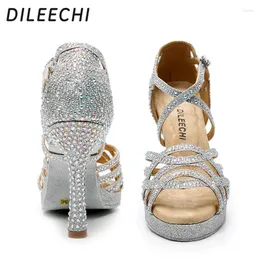 Sapatos de dança Dileechi Latin Women Silver Glitter Rhinestone Salas Ballroom Dança Larga Largura de 10 cm com Platform 15mm
