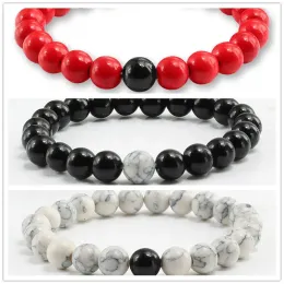 Pulseira de fios 3pcs Conjunto para homens e mulheres estilo simples 8mm Branco vermelho turquesa preta Braça de miçanga de miçangas de miçangas