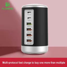 Hubs Floveme Multi -Port USB -зарядное устройство QC3.0 65W USB Fast Charger Multi 6 Port Type C PD Зарядное устройство зарядное устройство зарядное телефоно