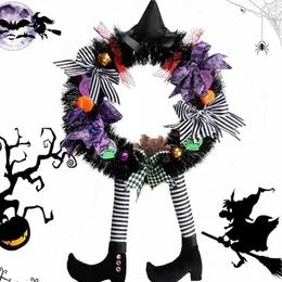 Flores decorativas 1 PCs Halloween Wreath Decorações ao ar livre 25,6 x 13,7 polegadas Decoração de bruxa de porta com chapéu Pumpkin para frente