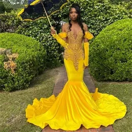 Vestido de baile de raio de ouro de veludo amarelo para garotas negras Apliques de renda de renda de festas formais vestido de festa de soare