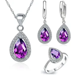 Necklaces Free Ship Purple Jewelry Sets Water Drop Cubic Zirconia CZ Stone 925 Sterling Silver Earrings Necklaces Finger Rings