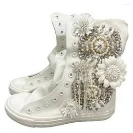 Lässige Schuhe weiße Turnschuhe hohe Top weich bequem bequem 5 cm innere Höhe Luxusperlen Blume anpassen große Größe Frauen Leinwand