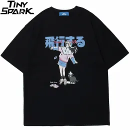 Tシャツヒップホップ漫画ガールキャット日本語カンジプリントTシャツストリートウェアハルクTシャツ2023メンサマー半袖Tシャツトップスティー