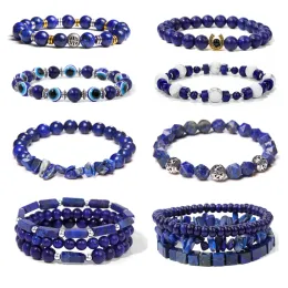 Bangle Stone Stone Lazuli Beads Beads Bracelets غير منتظمة المصنوعة يدويًا الخرز الأزرق القلادة المرن للرجال مجوهرات الطاقة