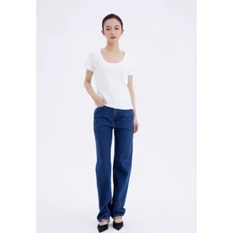 Simple style women's classic high-waisted small straight leg jeans in dark blue cotton
