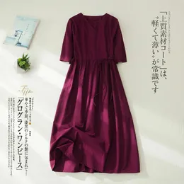 Partykleider 2024 Ankunft V-Ausschnitt weiche Baumwolle Leinen Vintage Loose Summer Purple Dress Office Lady Arbeit MODE