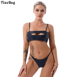 Kvinnors badkläder Tiaobug Kvinnor Summer Shinch Snakesskin Tryckt Bikini Set Swimsuit justerbar spaghetti-rem Keyhole Crop Top med G-sträng