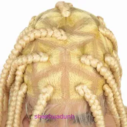 Peruk syntetisk flätad pannband med full spets och handvävd 613 ljusgul blond hår Gyllene vit peruk smutsiga flätor