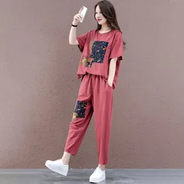 2pcs/Set Women Top Bants Set O-вырезок с коротки