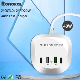 Nav Portable 4 Ports USB Quick Chargers 40W Dual PD QC3.0 USB Charger Hub Adapter Travel Telefonladdare Fast Charger Charging Station Station Station