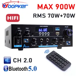 Förstärkare Woopker AK55 HIFI Audio Amplifier Max 900W Digital Bluetooth AMP RMS 70W+70W Channel 2.0 stöder dubbla mic -ingångar FM Radio