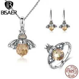 Ожерелья Bisaer 925 Серебряное серебряное серебро милые апельсиновые цирконы пчелиные ювелирные украшения набор подвесной кольцо кольцо для элегантной женской вечеринки