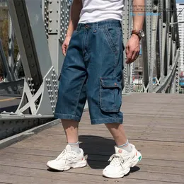 McIkkny Vintage Mens Cargo Summer Denim Shorts Multi Pockets Blue Straight Jeans for Male Plusサイズ30-46 240412