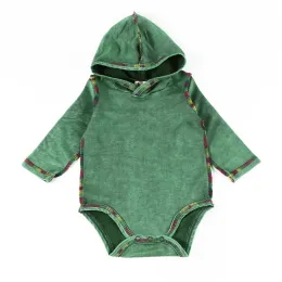 Baby rompers guscio in denim in pietra verde con cappuccio da bambina e pagliaccetto per bambini abbigliamento per bambini in generale cucitura colorata fuori 6m18m