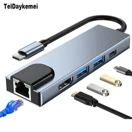 Hubs 5 i 1 USB C Hub Type C till 4K HD -adapter med RJ45 Network 1000m Ethernet Lan Charger Port Adapter för MacBook Pro