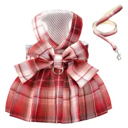 Dresses Dog Dresses for Small Dogs Girl Plaid Dog Dress Bow Tie Harness Leash Set Puppy Cute Bow Skirt Pet Outfits Yorkie Accessories