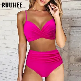 Ruuhee High Waist Bikini 2023 Woman Swimsuit Women Swimwear Beding Abitudro imbottito Push Up Ruched Set 240412