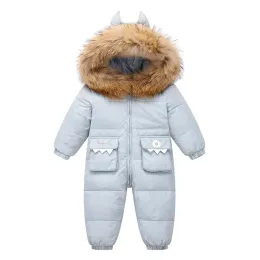 Coats OLEKID 2022 Baby Winter Jumpsuit Cartoon Dinosaur Real Raccoon Fur Baby Girls Snowsuit Toddler Boys Winter Romper Infant Clothes