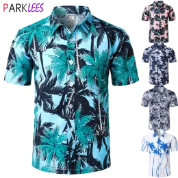 Frames Herren Holiday Casual Kurzarm Aloha Hawaiian Hemd Kurzarm Palme gedruckt Tropical Aloha Blue Shirts Camisa Hawaiana