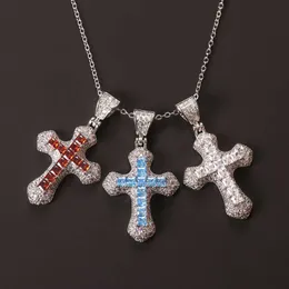 New Colorful Blue Red Zircon Cross with Hip Hop Trendy Couple Pendant Necklace