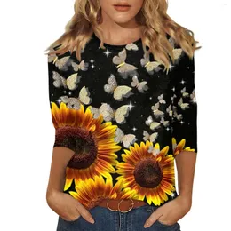 Women's T Shirts Woman'S Casual 3/4 Sleeve T-Shirts 2024 C Rew Neck Tops Womans Clothing Pullover For Ladies Floral Roupas Feminina
