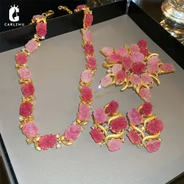 Necklaces Exaggerated Rhinestone Acrylic Flower Necklace Earrings Brooch for Women Fashionable Sweet Party Female Jewelry Set