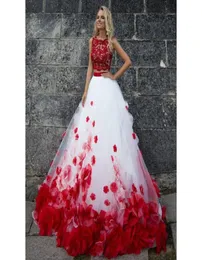 Stunning Red And White Floral Flowers Prom Dresses A line Tulle Two Pieces Lace Applique Hollow Back Beads Dresses Evening Party F8882963