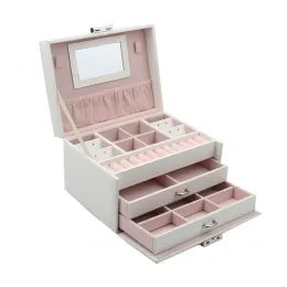 Colares novos 3 players PU Jewelry Box Organizer grande colar de anel grande estojo de jóias de couro de maquiagem com bloqueio para mulheres