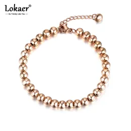 Strands Lokaer Classic Rose Gold Color 4/5/6mmラウンドビーズストランドブレスレットバングルステンレス鋼リンクチェーンブレスレットB18023