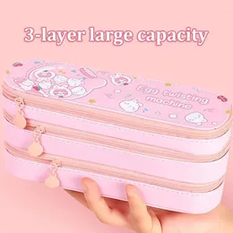 Dreischichtige Bleistiftkoffer großer Kapazität Kawaii Stationery Anime Bag Pu Leder Pen Box Girls Organizer School Stifte Beutel