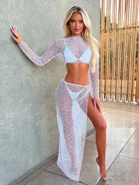 Sexy Seethrough Sukienka Zestaw bikini Coverups 2024 Summer Women Solid Kolor Knit wycięcie 2 sztuk stroju kostiumu plażowego A2790 240417