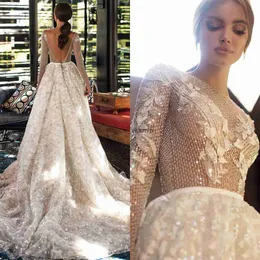 Luxury Long Sleeve Wedding Dresses Backless Lace Sequined Sexy Bridal Gowns Bateau Neck Sweep Train Graden Wedding Dress vestido de novia