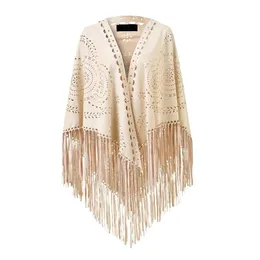 Womens Loose Suede Fringe Open Poncho Cloak Shawl Wrap with Punch Hole Patterns and Graceful Fringes Drop 240419