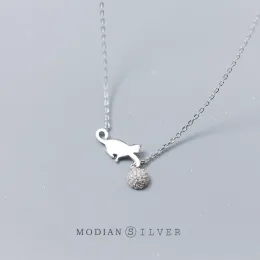 Necklaces Modian Radiant CZ Little Ball Lovely Cat Sterling Silver 925 Pendant Necklace for Women Adjustable Simple Necklace Fine Jewelry