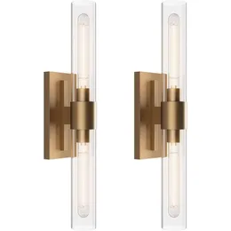 Elegant Brass Wall Sconces Set of Two with Clear Glass Shades - 2-Light Vanity Light for Mirror, Living Room, Bedroom, Hallway - Includes Bulb - Stylish Wall Lighting Solution