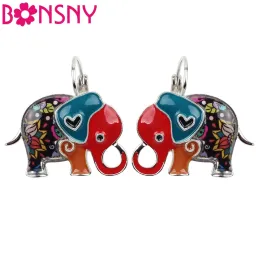 Earrings Bonsny Enamel Colorful Jungle Elephant Earrings Stud Drop French Clip Dangle Alloy Fashion Animal Jewelry For Girls Women Ladies