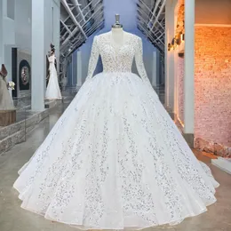 Assumi il torno smerlato in pizzo smerlato su perle lucide a maniche lunghe perle paillettes splendide abiti da sposa abiti da sposa