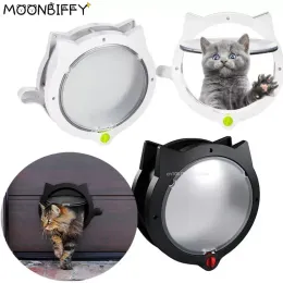 Cages Lovely Small Round Cat Door with 4way Lock Plastic Window Lockable Cat Crates Safe Dog Gate Access Pet Supplies Pet Supplies
