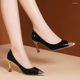 Klänningskor Comem Point Toe Stilettos Office Ladies Basic Luxury Women's High Heels 2024 Women Pumps Gold Metal Heel 34