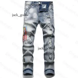 Lila jeansdesigner herrar jeans high street America för män broderi överdimensionerad rippad lapp hål denim 2023 ny mode streetwear mager smal penna 892