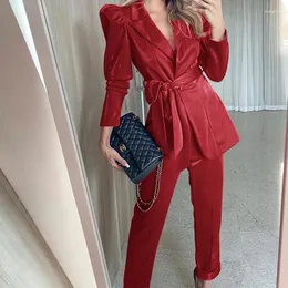 Kvinnors tvåbitar byxor Y2K Elegant Office Lady Puff Long Sleeve Lapel Jacket Straight Suit Outfits Autumn Winter Women Blazer Set